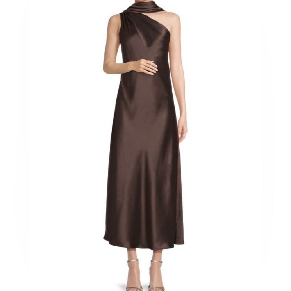 Renee C. One-Shoulder Satin Slip Dress in Chocolate Brown